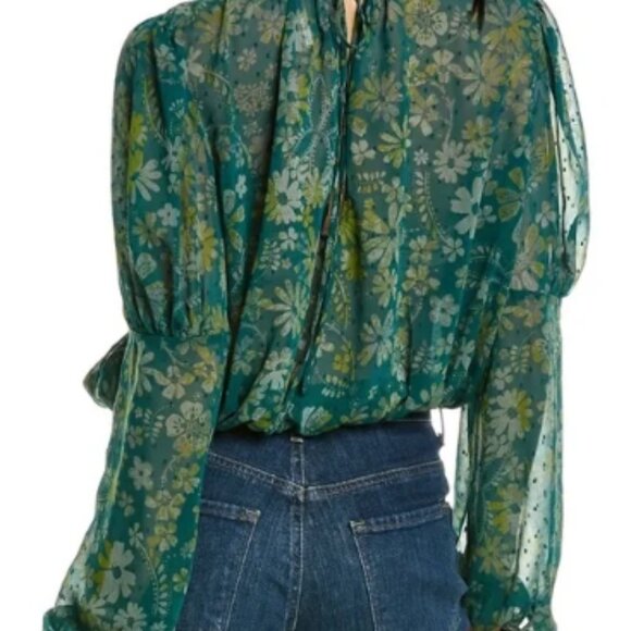 Free People Clarrisa Floral Printed Blouse in Sea Combo Green XS - Picture 2 of 5